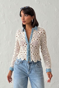 Dantel Detaylı İnci Düğmeli Uzun Kollu Kadın Toptan Gömlek-  Ham Mavi -Topshow | Topshow | F1945 #1