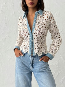 Dantel Detaylı İnci Düğmeli Uzun Kollu Kadın Toptan Gömlek-  Ham Mavi -Topshow | Topshow | F1945 #4