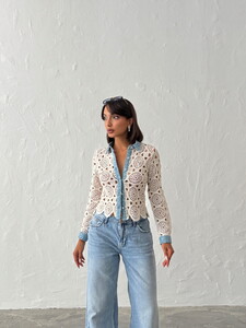 Dantel Detaylı İnci Düğmeli Uzun Kollu Kadın Toptan Gömlek-  Ham Mavi -Topshow | Topshow | F1945 #3