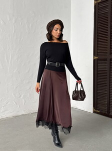 D 2930 DANTEL DETAYLI SATEN ETEK - KAHVE #2