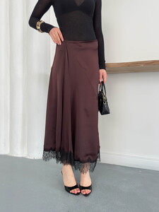 Topshow | Dantel Detaylı Saten Etek - Kahve | D2930 #4