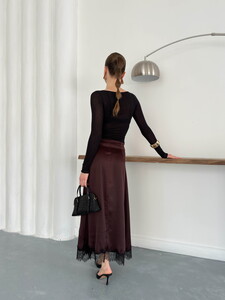 Topshow | Dantel Detaylı Saten Etek - Kahve | D2930 #5