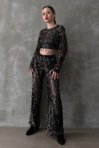 Topshow Siyah Gold Pullu Tül Toptan Pantolon #2