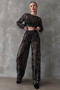 Topshow Siyah Gold Pullu Tül Toptan Pantolon #3