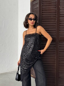 D 2934 DANTEL DETAYLI ASKILI PULLU ASİMETRİK TUNİK - SİYAH #2