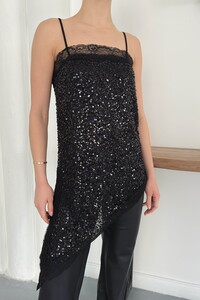 Topshow | Lace Detail Strappy Sequin Asymmetric Tunic - Black | D2934 #4