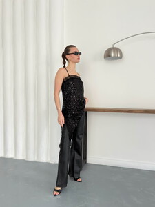 Topshow | Lace Detail Strappy Sequin Asymmetric Tunic - Black | D2934 #3