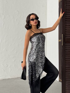 D 2934 DANTEL DETAYLI ASKILI PULLU ASİMETRİK TUNİK - GÜMÜŞ #3