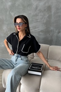 Topshow Siyah Çoban Dikişli Keten Toptan Gömlek