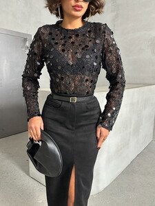 Topshow Siyah Para Pullu Toptan Bluz #3