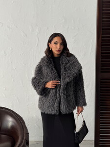 Yapay Kürk Kadın Toptan Mont – Kabarık Yumuşak Dokulu Kışlık Şık Dış Giyim  - GRİ #2