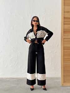 Lace Detailed Wide Leg Women's Pants - Black | Topshow #2