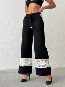Lace Detailed Wide Leg Women's Pants - Black | Topshow #4