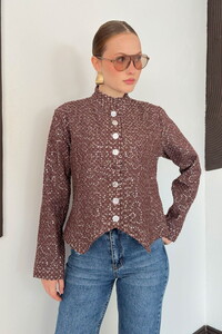 F 2166 ASİMETRİK KESİM TÜVİT PULLU KOT CEKET - KAHVE