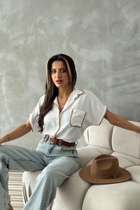 Topshow Krem Çoban Dikişli Keten Toptan Gömlek