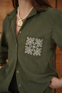 Topshow Toptan Fitilli Kadife İşlemeli Gömlek - Haki | F1997 #4