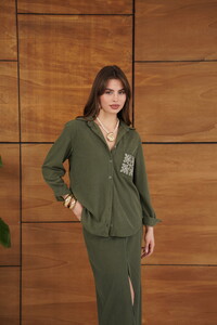 Topshow Toptan Fitilli Kadife İşlemeli Gömlek - Haki | F1997 #3