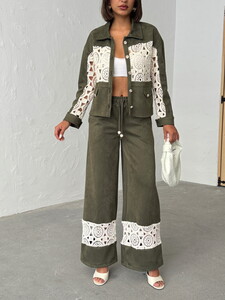 Lace Detailed Wide Leg Women's Pants - Khaki | Topshow #3