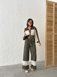 Lace Detailed Wide Leg Women's Pants - Khaki | Topshow #2