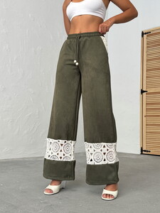Lace Detailed Wide Leg Women's Pants - Khaki | Topshow #4