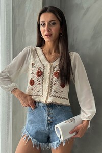 Topshow Kiremit Düğmeli Kısa Toptan Hırka F0022