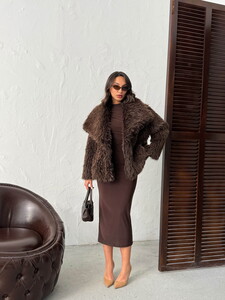 Yapay Kürk Kadın Toptan Mont – Kabarık Yumuşak Dokulu Kışlık Şık Dış Giyim  - KOYU KAHVE #2