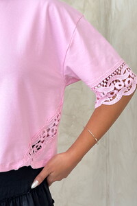 D 2705 Dantel Detaylı Crop Tişört - PEMBE #4