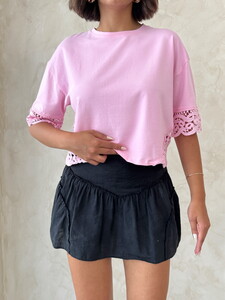 D 2705 Dantel Detaylı Crop Tişört - PEMBE #3