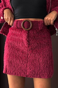 Suni Kürk Görünümlü Mini Etek  - BORDO