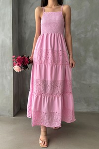 Topshow Koyu Pembe Askılı Göğüsü Gipeli Boydan Toptan Elbise