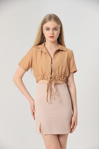 Topshow Camel Beli Bağlamalı Düğmesiz Toptan Gömlek #1