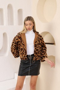 Topshow Kahve Leopar Peluş Toptan Mont #3