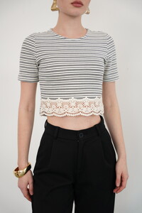 Topshow Siyah Çizgili Eteği Dantelli Çizgili Toptan Bluz #4