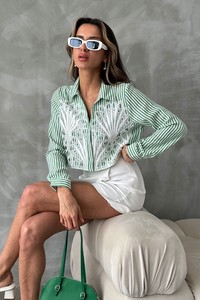 Topshow Zümrüt Önü Güpürlü Çizgili Keten Toptan Gömlek