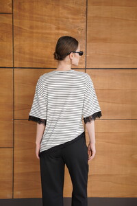 D 2988 KOL VE ETEK UCU DANTEL T SHIRT - ÇİZGİLİ KREM #5