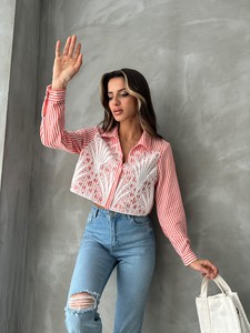 Topshow Oranj Önü Güpürlü Çizgili Keten Toptan Gömlek #3