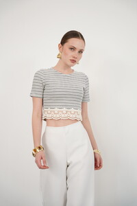 Topshow Lila Cizgili Eteği Dantelli Çizgili Toptan Bluz #3