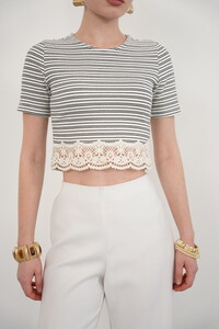 Topshow Lila Cizgili Eteği Dantelli Çizgili Toptan Bluz #4