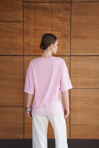 D 2953 DANTEL DETAYLI ASİMETRİK TİŞÖRT - PEMBE #5