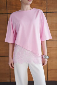 D 2953 DANTEL DETAYLI ASİMETRİK TİŞÖRT - PEMBE #4