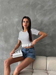Topshow Krem Güpür Detaylı Çizgili Toptan Tişört #3