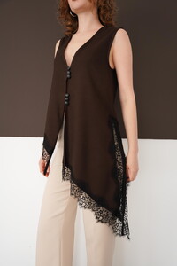 Sıfır Kol Toptan Etek Ucu Dantel V Yaka Toptan Bluz - Kahve | D2993 - Topshow #4