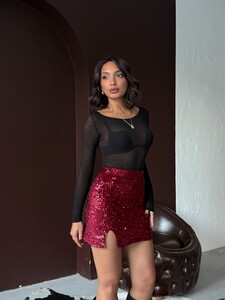 Topshow Pullu Kadife Payet Mini Etek - Bordo | F2054 #3