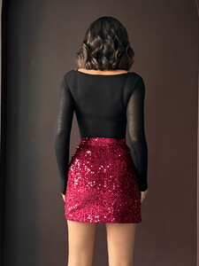 Topshow Pullu Kadife Payet Mini Etek - Bordo | F2054 #5