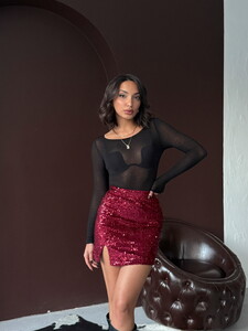 Topshow Pullu Kadife Payet Mini Etek - Bordo | F2054 #2