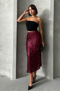 Topshow Bordo Tüy Pullu Toptan Etek