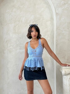 D 2892 Dantel Detaylı Askılı Bluz- MAVİ #3