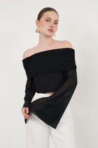 D 2977 UZUN KOL TÜL BLUZ - SİYAH