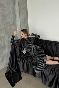 Topshow Siyah Simli Simli Cizgiıli Uzun Toptan Elbise #1