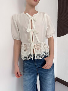 D 2800 ÖNDEN BAĞLAMALI BRODE BLUZ - KREM #4